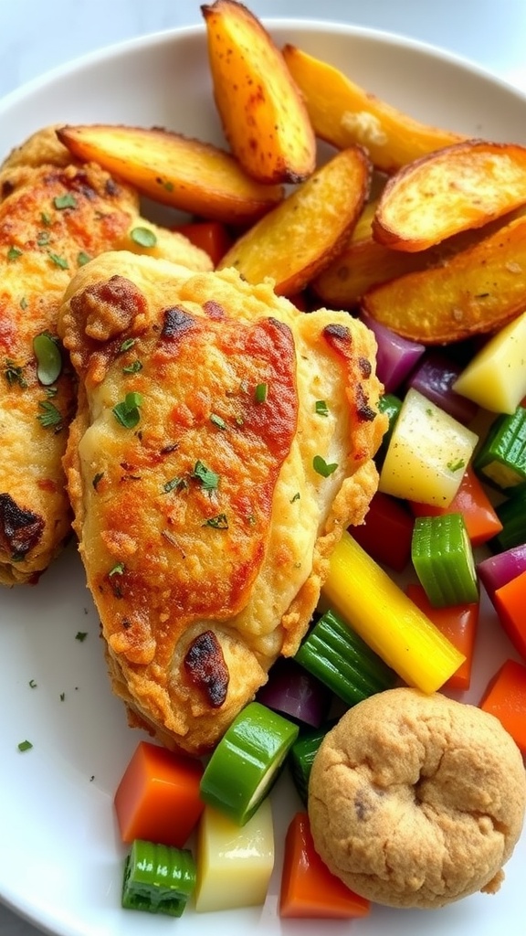 A single-serving air-fried meal with chicken, potato wedges, mixed vegetables, and a small dessert.